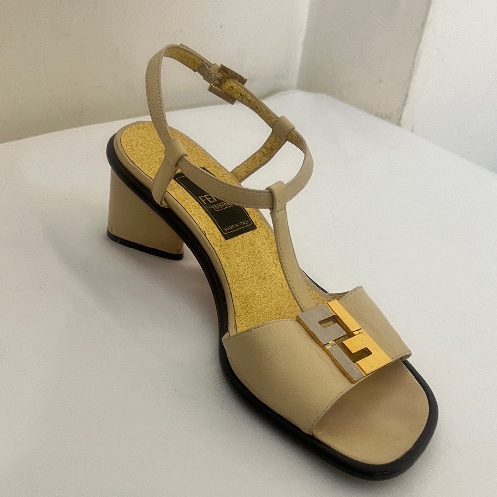 Fendi Cream White Patent Leather Sandals Triangle Blocked Heel 36 (5.5-6)W/COA